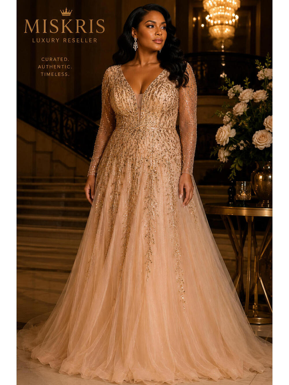 Mac Duggal 20295 Beaded Tulle Gown Blush Gold Formal Dress Size 22 NWT